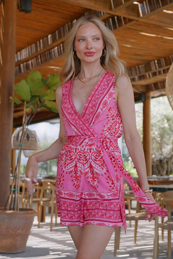 Pink Scarf Print Wrap Playsuit