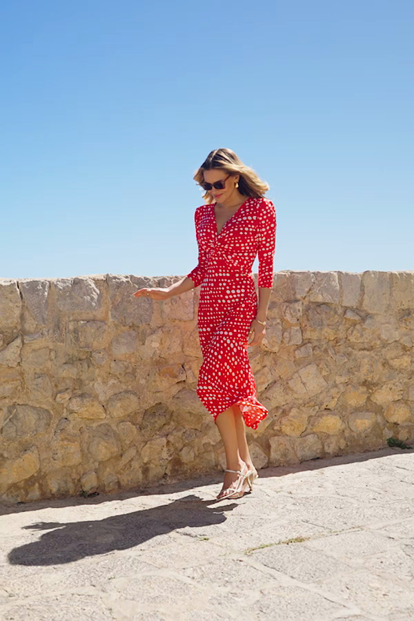 slim fit dress slacks Berrylush Women Red Polka Dot Printed V-Neck Tiered Fit & Flare Midi D