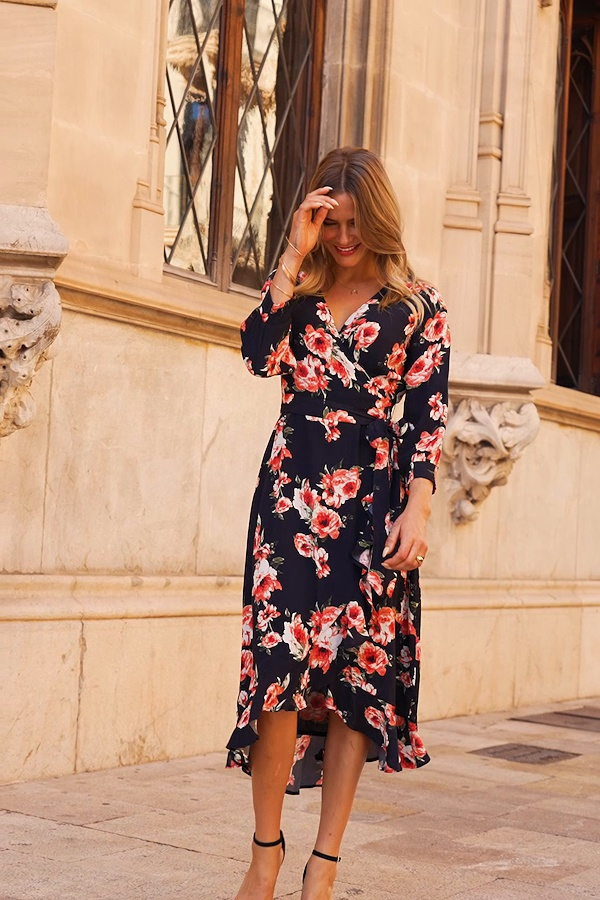 the bobbi asymmetrical ruffle tiered midi dress Mariel Puff Sleeve Midi in Bayside Blooming