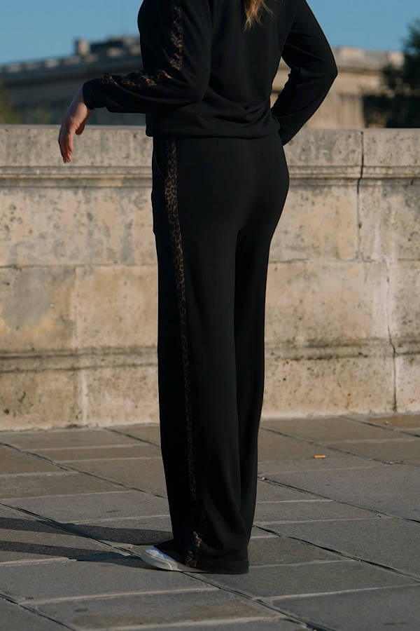 Ladies Trousers Black Trousers With Glitter Stripe Black Leopard