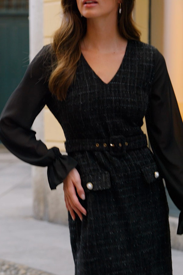 Petite Black Metallic Boucle Dress With Sheer Sleeves
