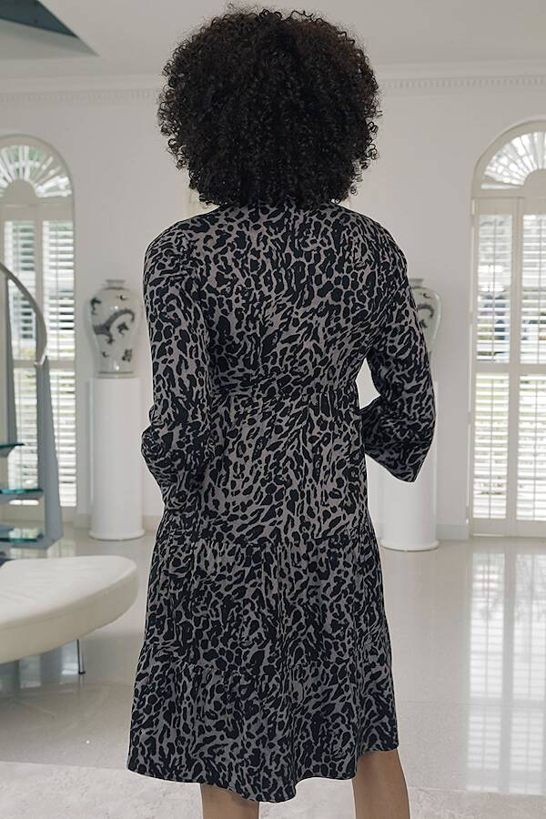Charcoal Grey Animal Print Fluted Sleeve Shift Dress