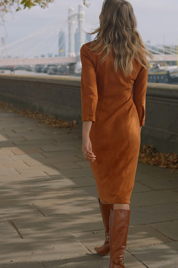 Tan Ruched Front Faux Suede Midi Shirt Dress