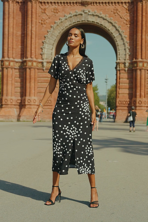 Black & White Spot Print Lace Trim Midi Dress
