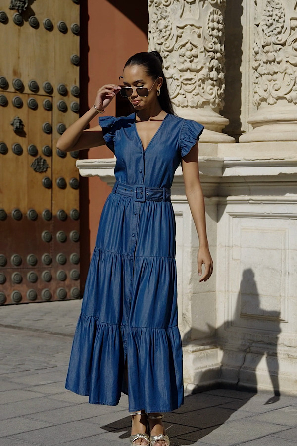 blue rainbow dress Navy Off the Shoulder Ruffle Gown – Unique Vintage main image 0