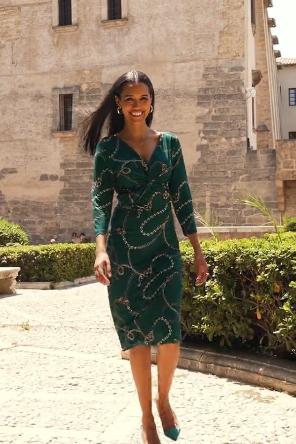 Green & Gold Chain Print Knot Front Midi Jersey Dress Green & Gold Chain Print Knot Front Midi Jersey Dress