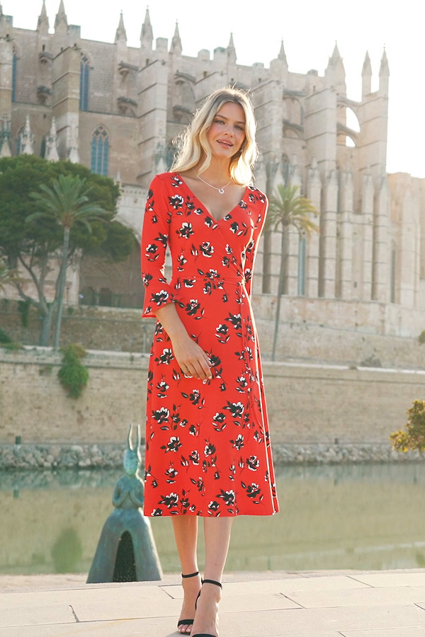 Red & Black Floral Print Jersey Midi Dress