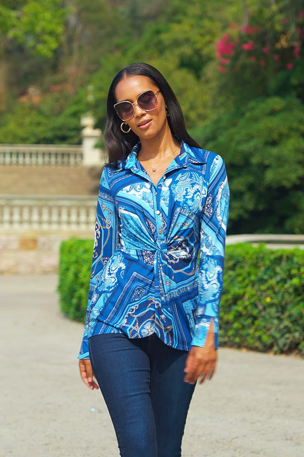 Blue Scarf Print Jersey Twist Front Shirt