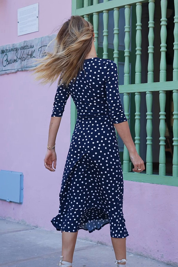 knee length dresses for ladies Reverse Wrap Midi Dress in Navy White Spot main image 1