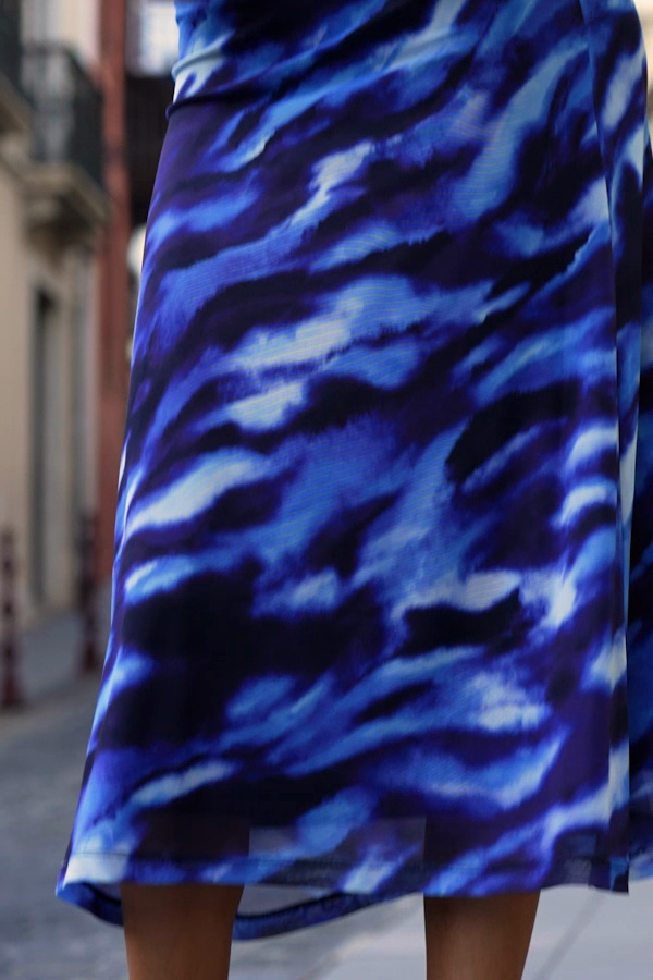 Blue Abstract Print Ruched Detail Mesh Dress