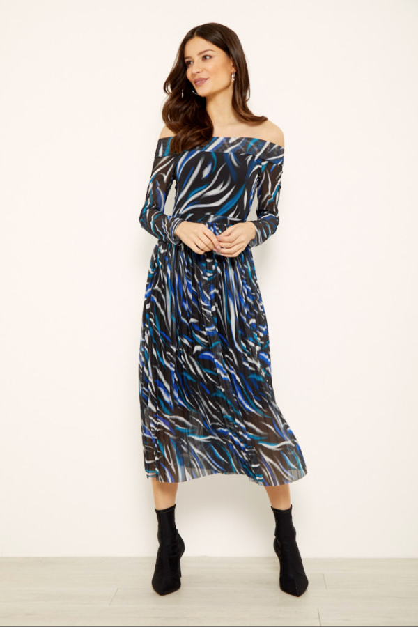 Black & Blue Print Mesh Pleat Bardot Jersey Dress