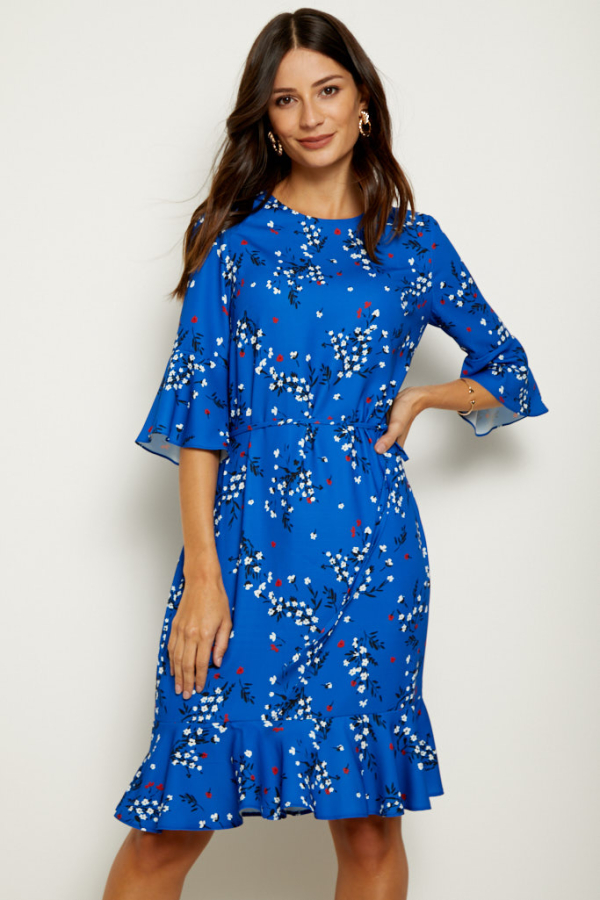 Blue Floral Print Ruffle Hem Dress