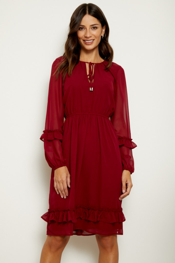 Burgundy Ruffle Trim Fit & Flare Dress