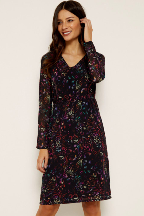 Black Floral Print V Neck Dress