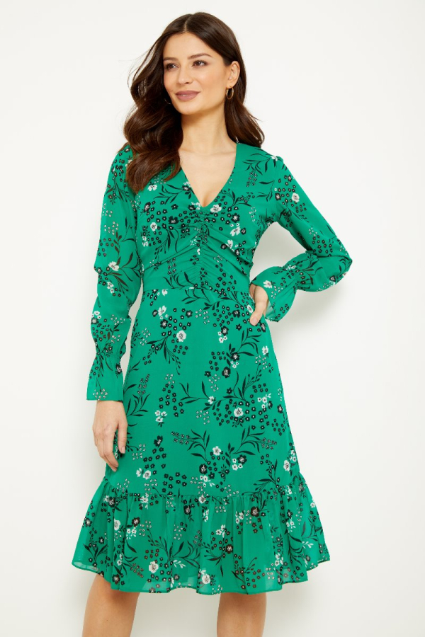 Green & Black Floral Print V Neck Fit & Flare Dress
