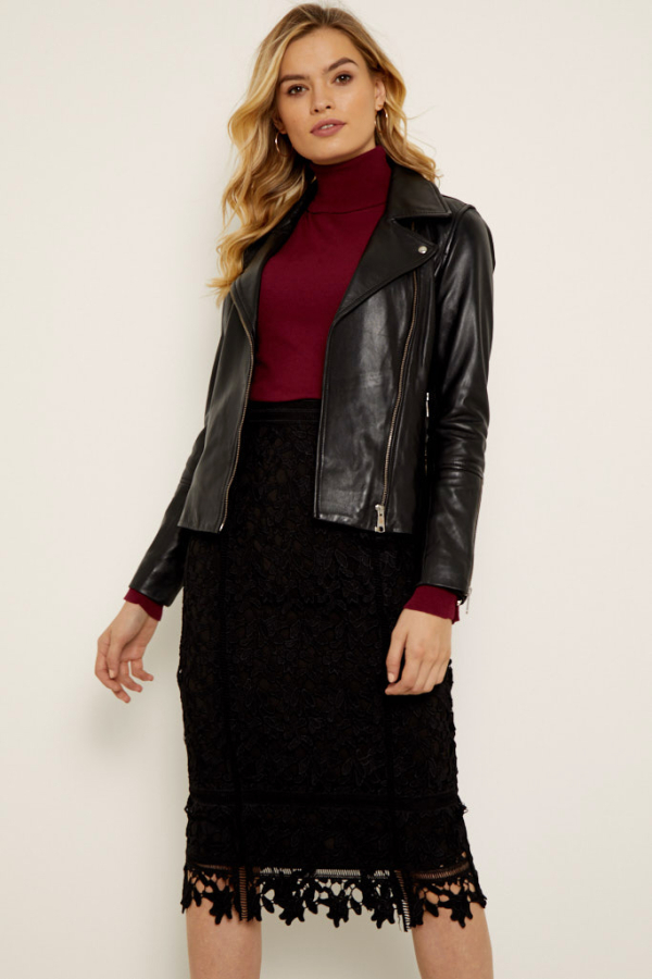 Black Embroidered Lace Overlay Skirt