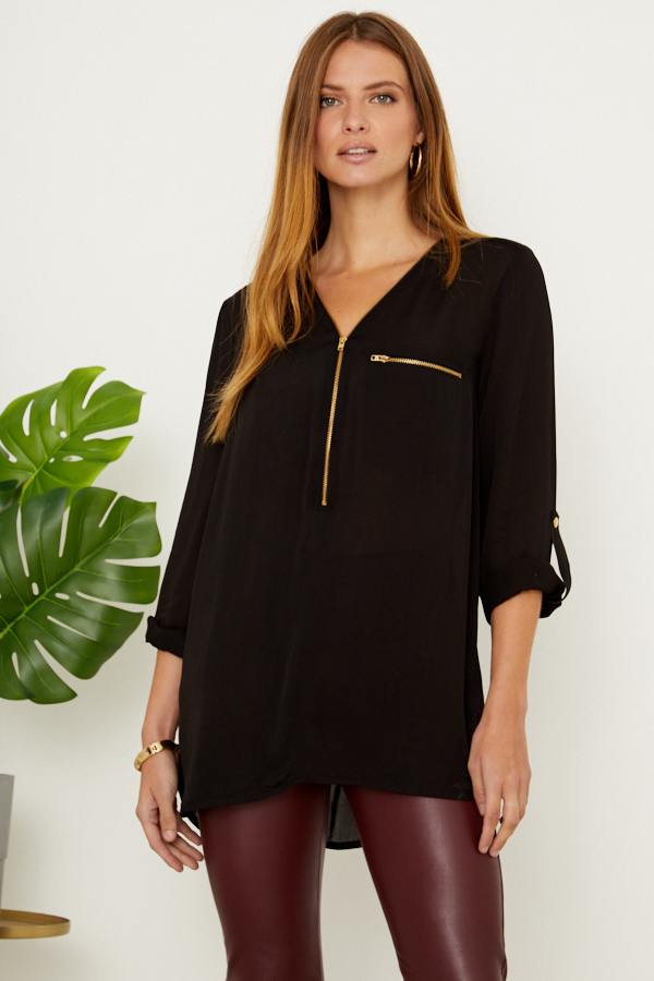 Black Gold Zip Detail Longline Tunic Top