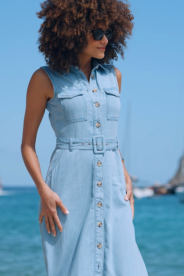 Light Wash Denim Belted Fit & Flare Utility Dress Light Wash Denim Belted Fit & Flare Utility Dress