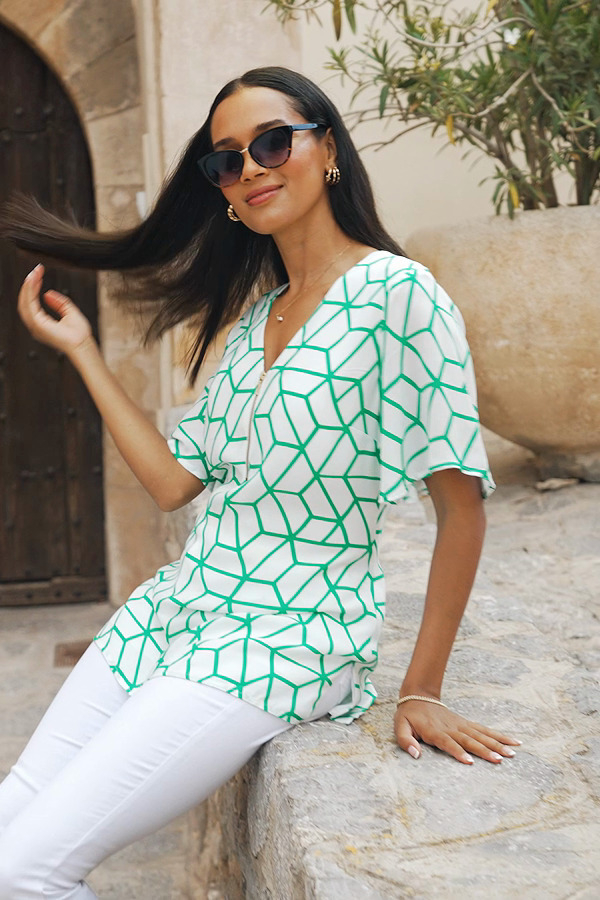 Ivory & Green Geometric Print Zip Front Tunic Top