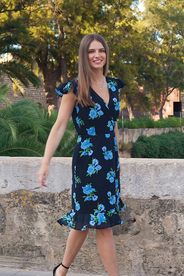 Black & Blue Floral Print Ruffle Hem Wrap Dress