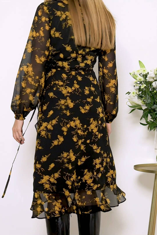 Black & Gold Floral Ruffle Detail Wrap Dress Black & Gold Floral Ruffle Detail Wrap Dress