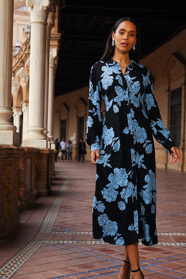 Black & Blue Floral Print Midi Shirt Dress Black & Blue Floral Print Midi Shirt Dress
