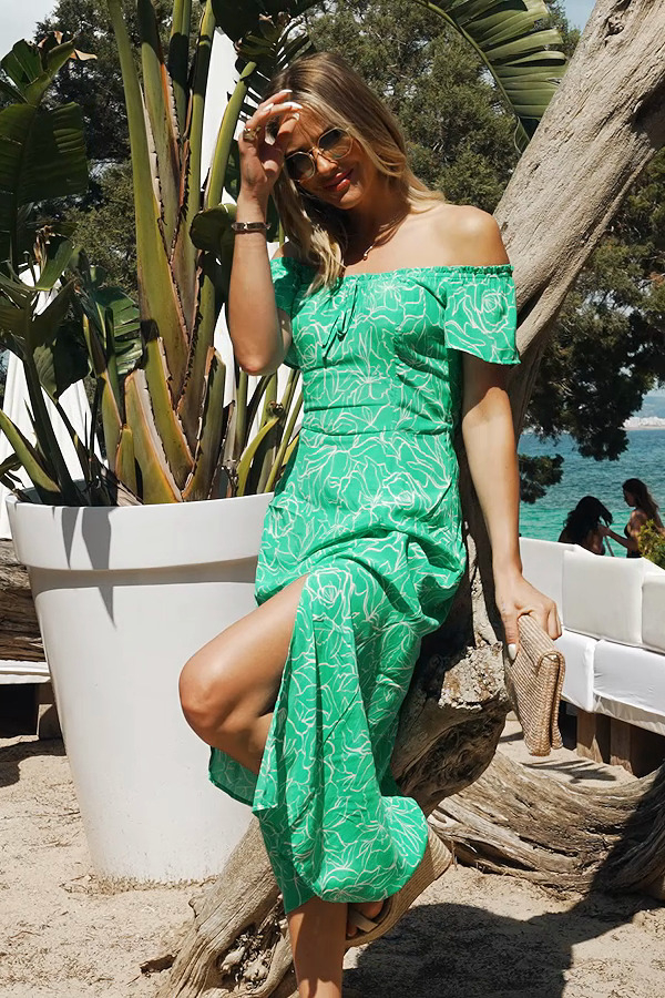 Green Floral Print Split Detail Bardot Dress