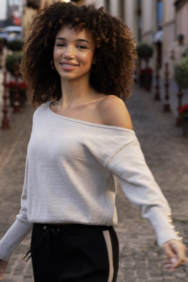 Taupe Off The Shoulder Asymmetric Jumper
