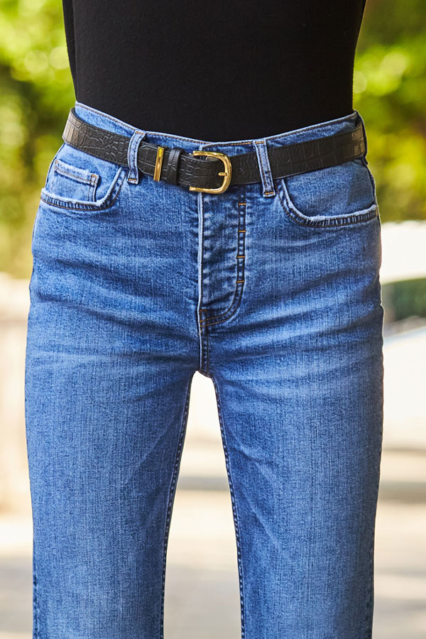 Black Croc Leather Waist Belt With Gold Trim