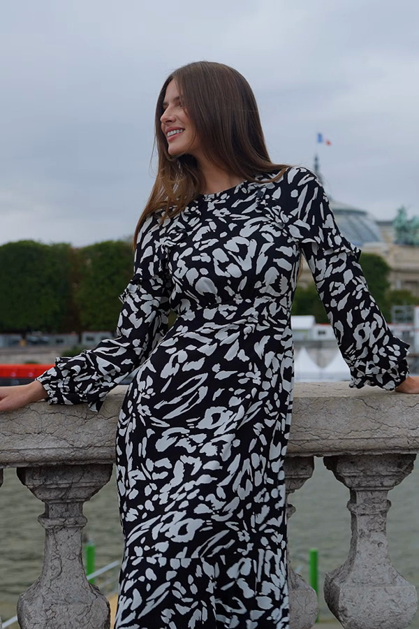 Black & White Animal Print Ruffle Hem Midi Dress