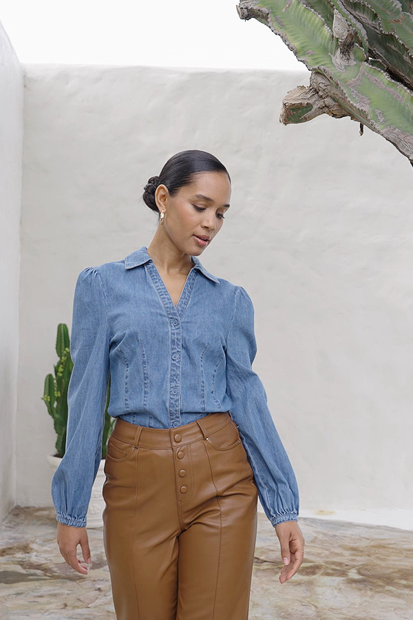 Mid Blue Denim Balloon Sleeve Shirt