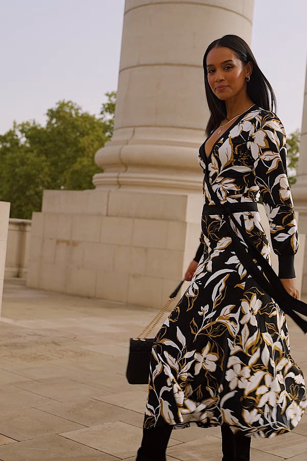black wrap dress with flowers Floral Print Contrast Trim Midi Sosandar dresses