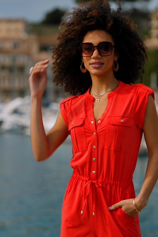 Red Stretch Waist Utility Jumpsuit