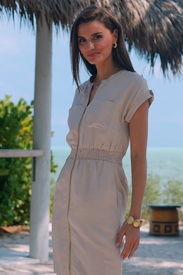 linen utility dress Long Sleeve Utility Button Down Linen Shirt Midi Dress - MEDIUM / GREEN