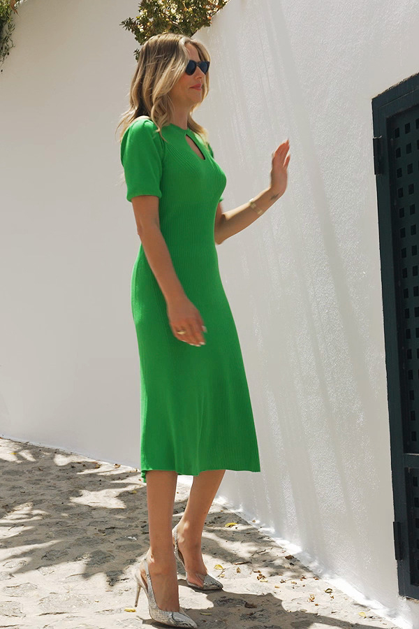 Green Keyhole Rib Knit Fit & Flare Midi Dress Green Keyhole Rib Knit Fit & Flare Midi Dress