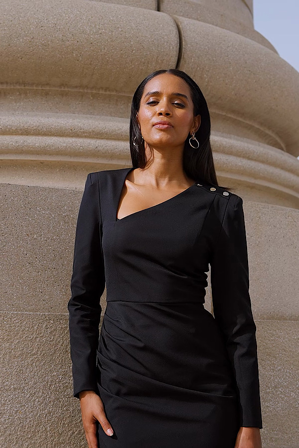 navy blue dress for baby girl Black Asymmetric Neckline Pencil Dress With Button Detail