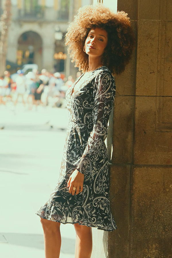 Black Paisley Print Wrap Front Dress