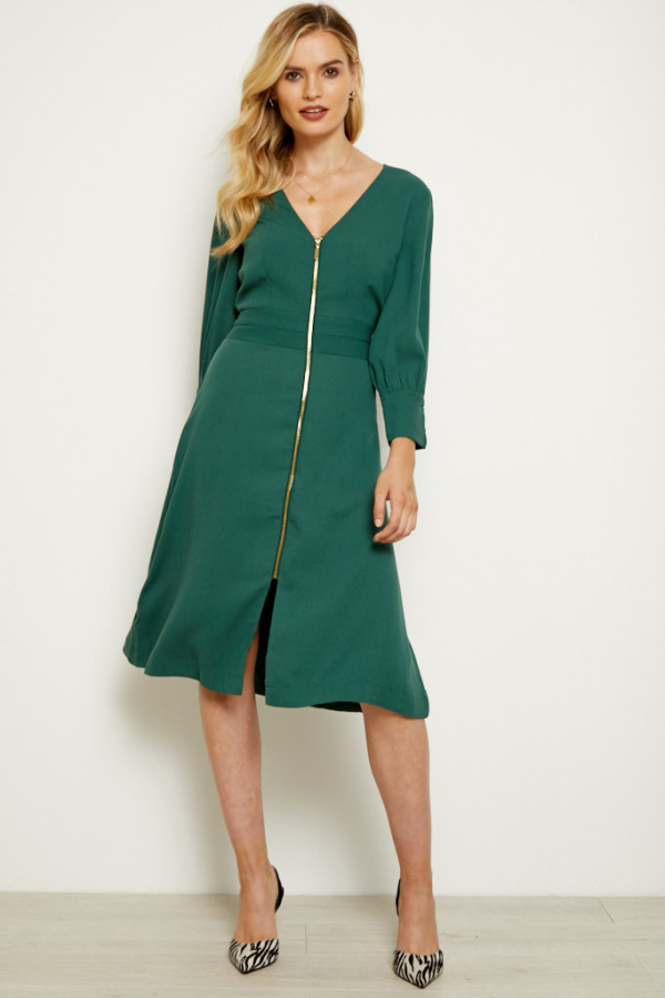 Forest Green Zip Front Fit & Flare Dress