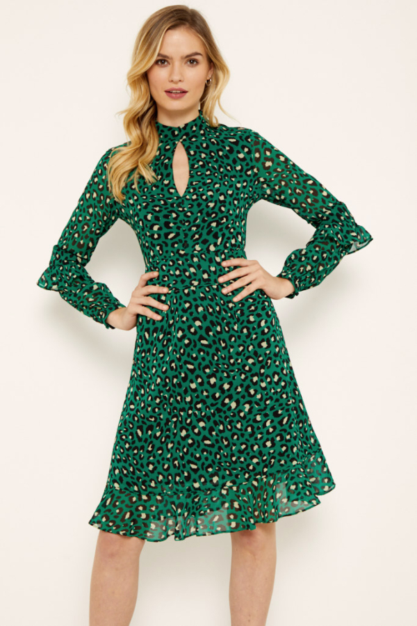 Green Leopard Print Fit & Flare Ruffle Dress