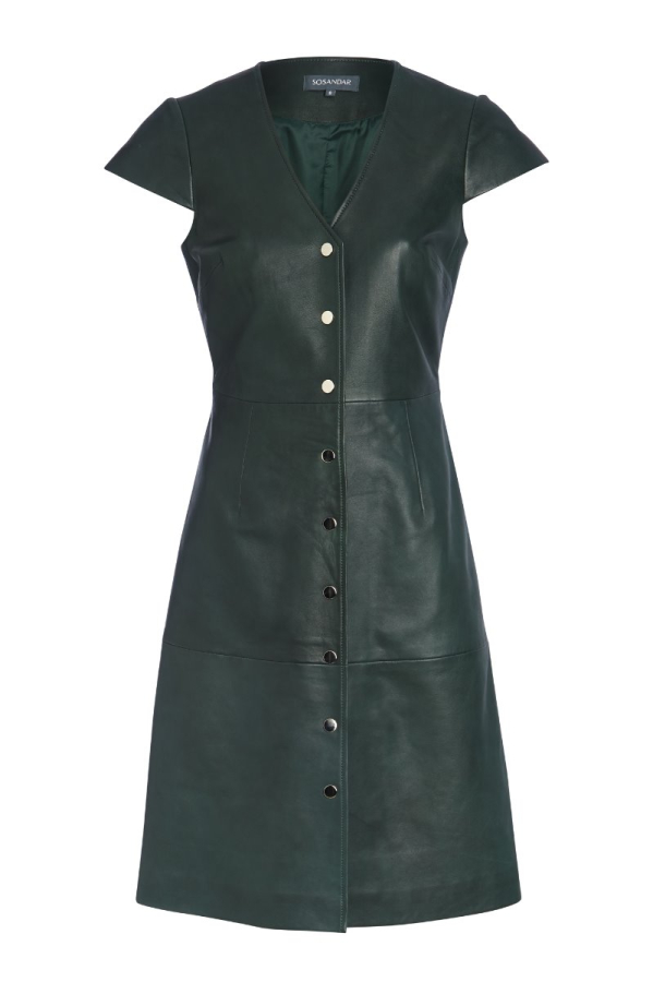 Dark Green Leather V Neck Popper Front Dress Dark Green Leather V Neck Popper Front Dress