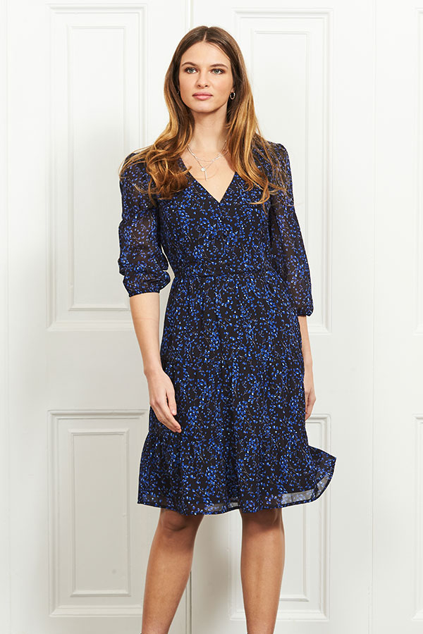 Blue & Black Floral Print Button Top Stretch Waist Dress