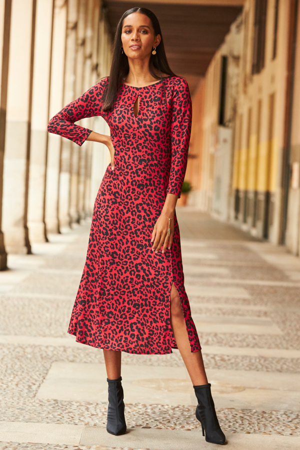 Red & Black Animal Print Keyhole Detail Midi Jersey Dress