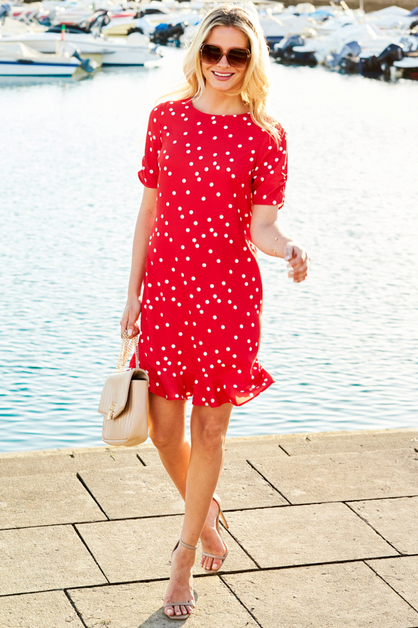 Red & White Spot Print Ruffle Hem Shift Dress