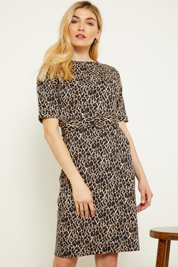 Leopard Jacquard Belted Wiggle Jersey Dress