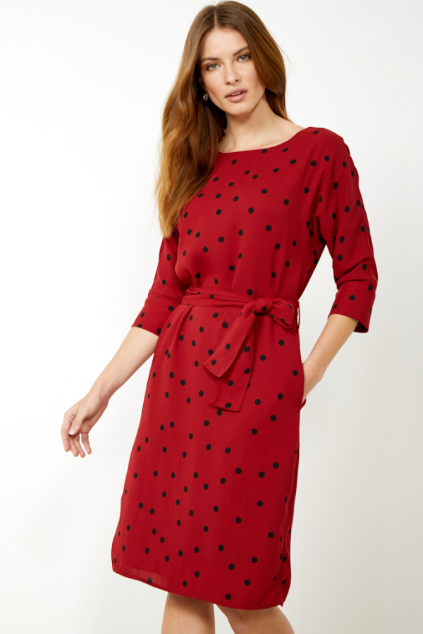Red & Black Spot Print Belted Shift Dress 