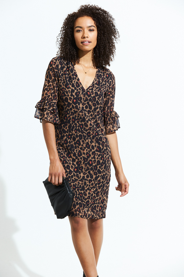 Leopard Print Ruffle Sleeve Shift Dress