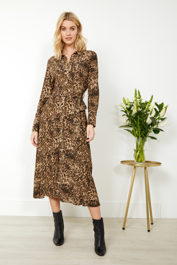 Animal Print Belted Maxi Shirt Dress