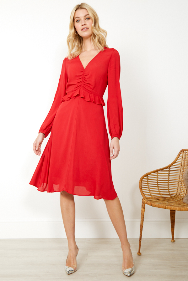 Red V Neck Ruffle Detail Fit & Flare Dress