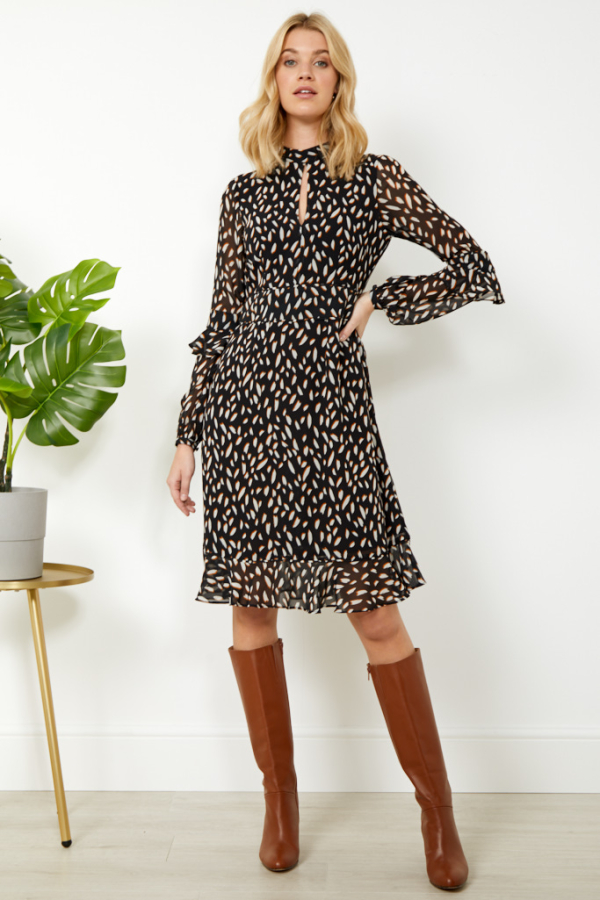 Black Fleck Print Fit & Flare Ruffle Dress