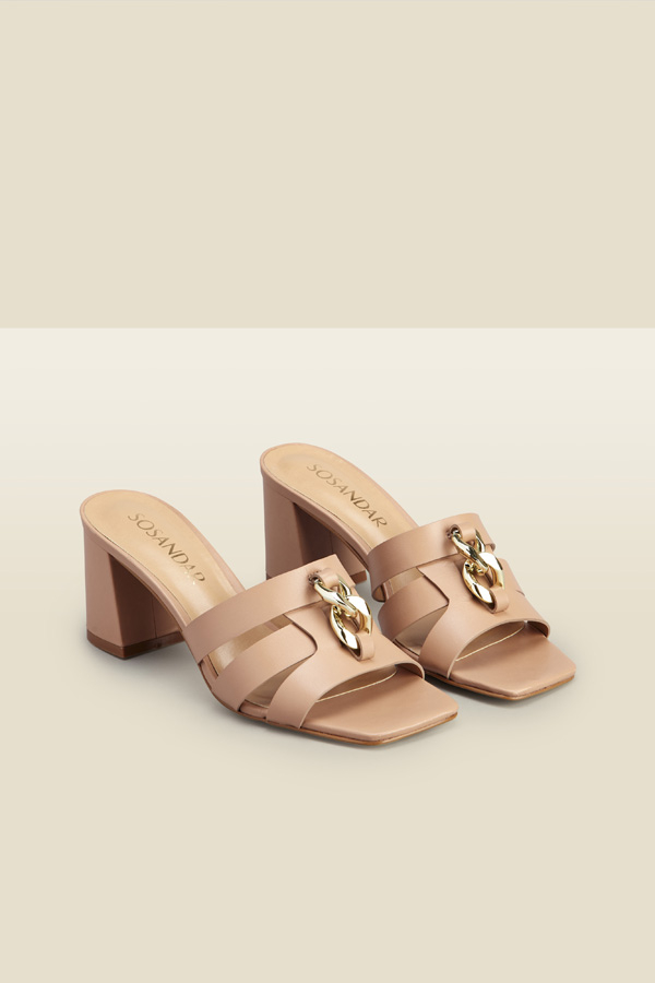 Leia Tan Leather Block Heel Chain Detail Mules